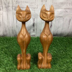 Wooden Teak Cat Mid Century Statue Pair (2)